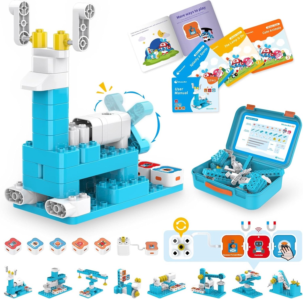 WhalesBot A3 12 in-1 STEM Blocks Coding Robot Kit for Kids, 61-Piece教育楼集 交互式故事解说,理想玩具赠送给男孩和女孩年龄 3-6