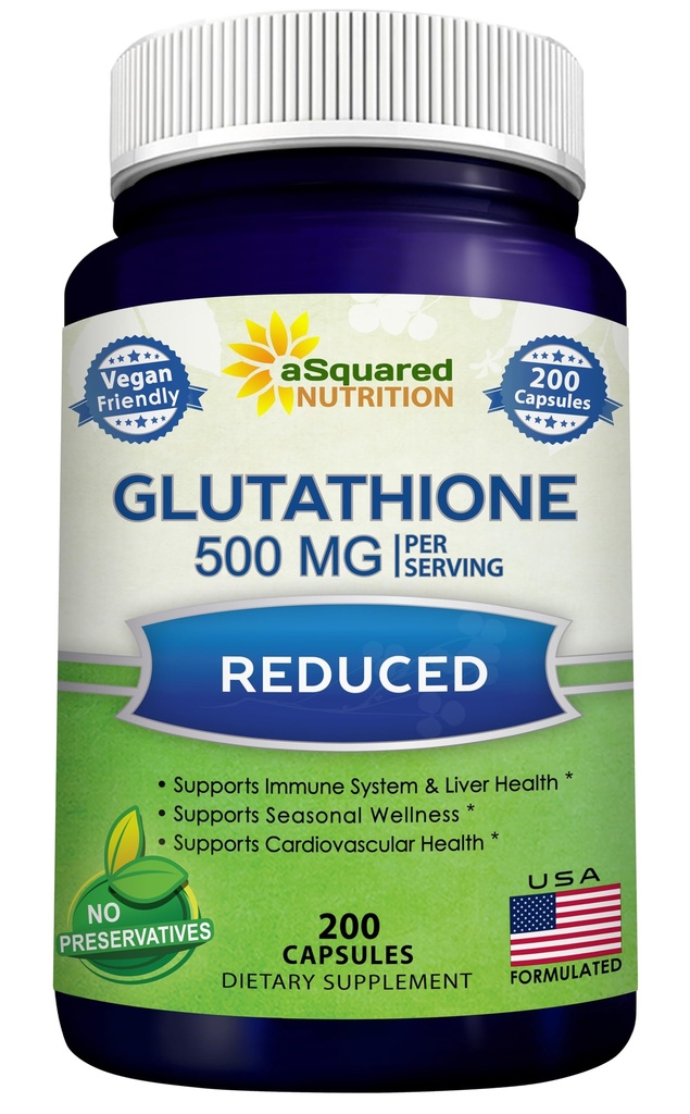 aSquared 营养 减少 Glutathione 500 mg 每个人服务 补充-200 Capsules - L-Glutathione 抗氧化剂 支持肝脏健康和排毒 - 最大强度粉剂 帮助免疫和脑功能