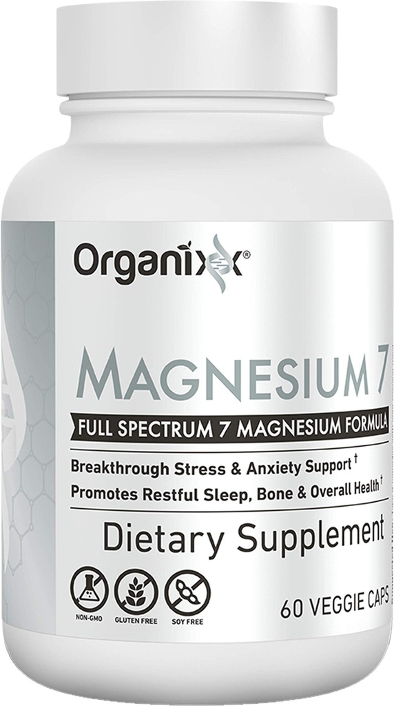 支持睡眠、肌肉和心脏健康的Organix 镁甘油补充剂,7型镁复合剂,配有维生素B6、Manganese Citrate、Gluten Free、Vegan、NNGO、High Abception、60 Capsules