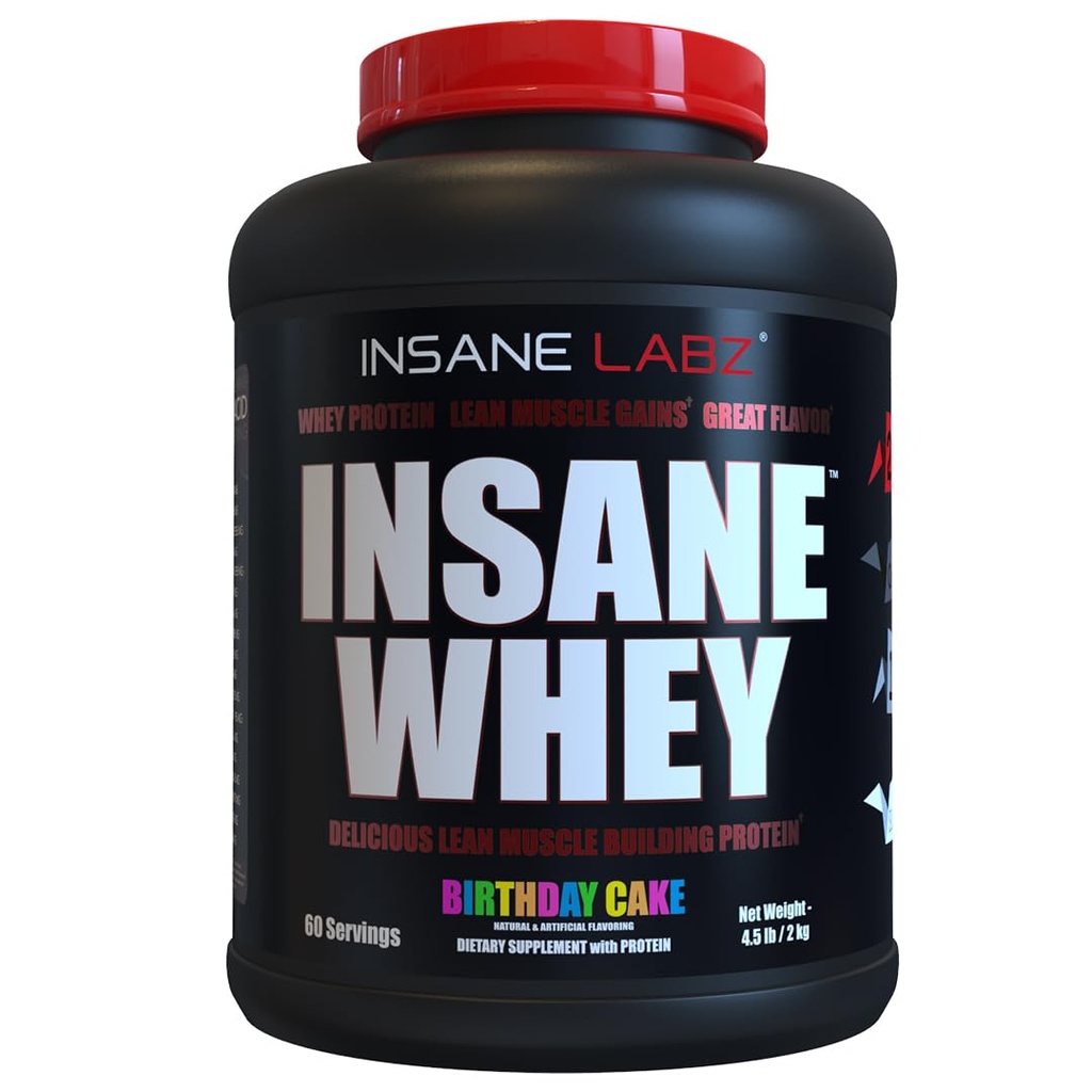 Insane Labz Insane Whey 100% 肌肉建筑 Whey蛋白, 工作后, BCAA 氨基简况, 质量增益器, 食品替换, 5bs, 60 Srvgs, (Birthday Cake)