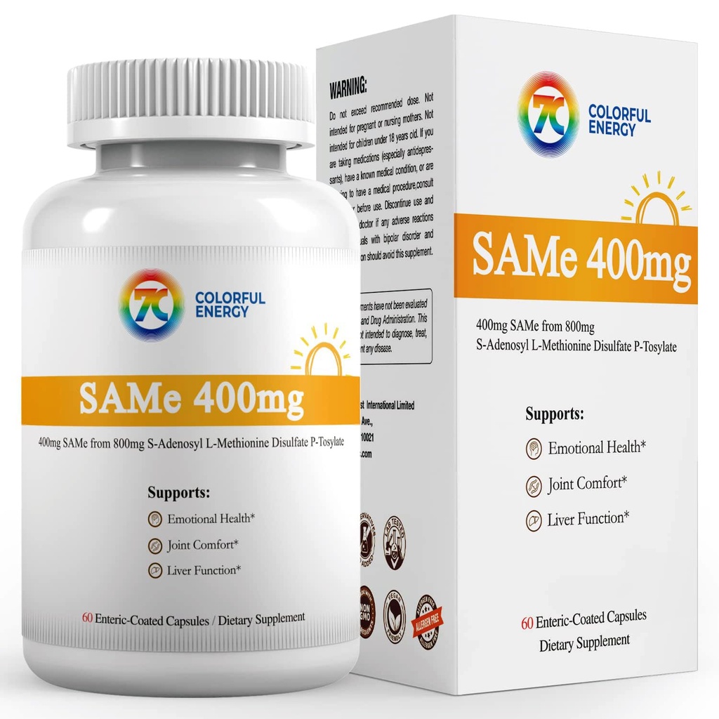 7c Sam e 400mg 补充剂(S-Adenosylmethionine),维生素B6,B12 增强萨姆-e有效性添加剂,Mood和联合安慰剂,Vegan,N-GMO,Gluten-Free,60 肠内粘合胶囊
