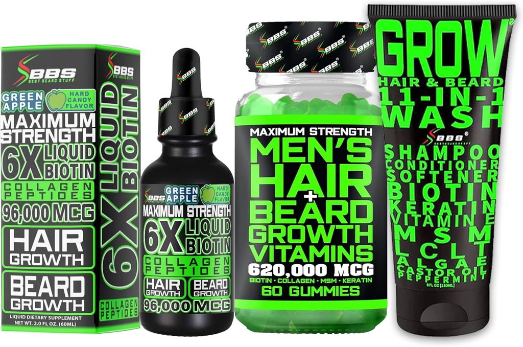胡子生长 Kit w/Grow 11-in-1 头发生长 Shampo for Men & Contitioner w/Biotin + 胡子生长维生素 & 头发生长维生素 + 6X 液体生物素与柯拉金 - 在美国制定