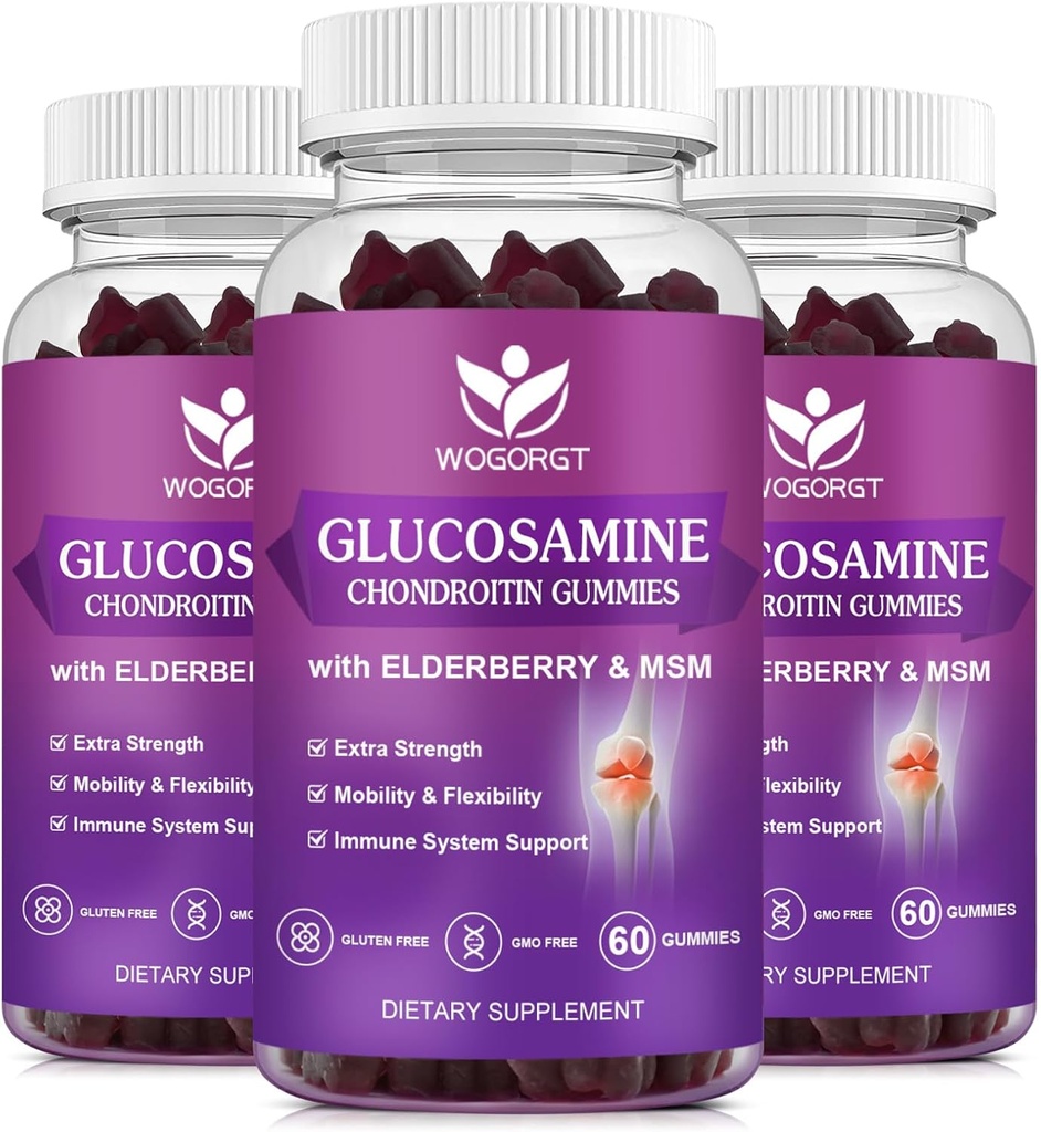 Glucosamine Chondroitin Gummys配有MSM & Elderberry - 1,500mg Glucosamine Chondroitin Gummys配有对男女的灵活性和免疫支持的补编,60 Gummys(3包)