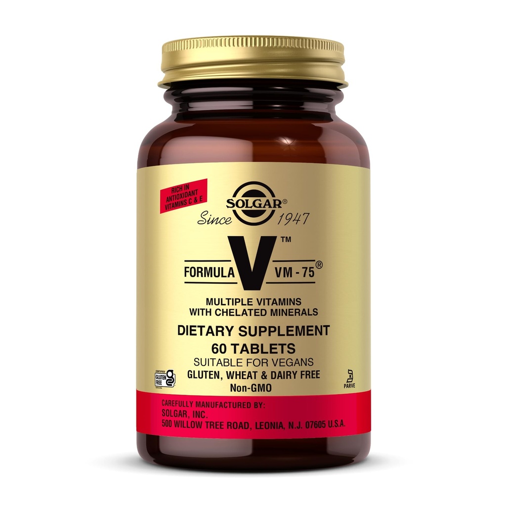 Solgar Formula VM-75, 60片 - 与Chelated矿物的多维他命 - 维生素A, B6, B12, C, D, E - 生物锡, 镁, 钙, 铁, 锌 - Vegan, Gluten Free, 奶油, Kosher - 60 services