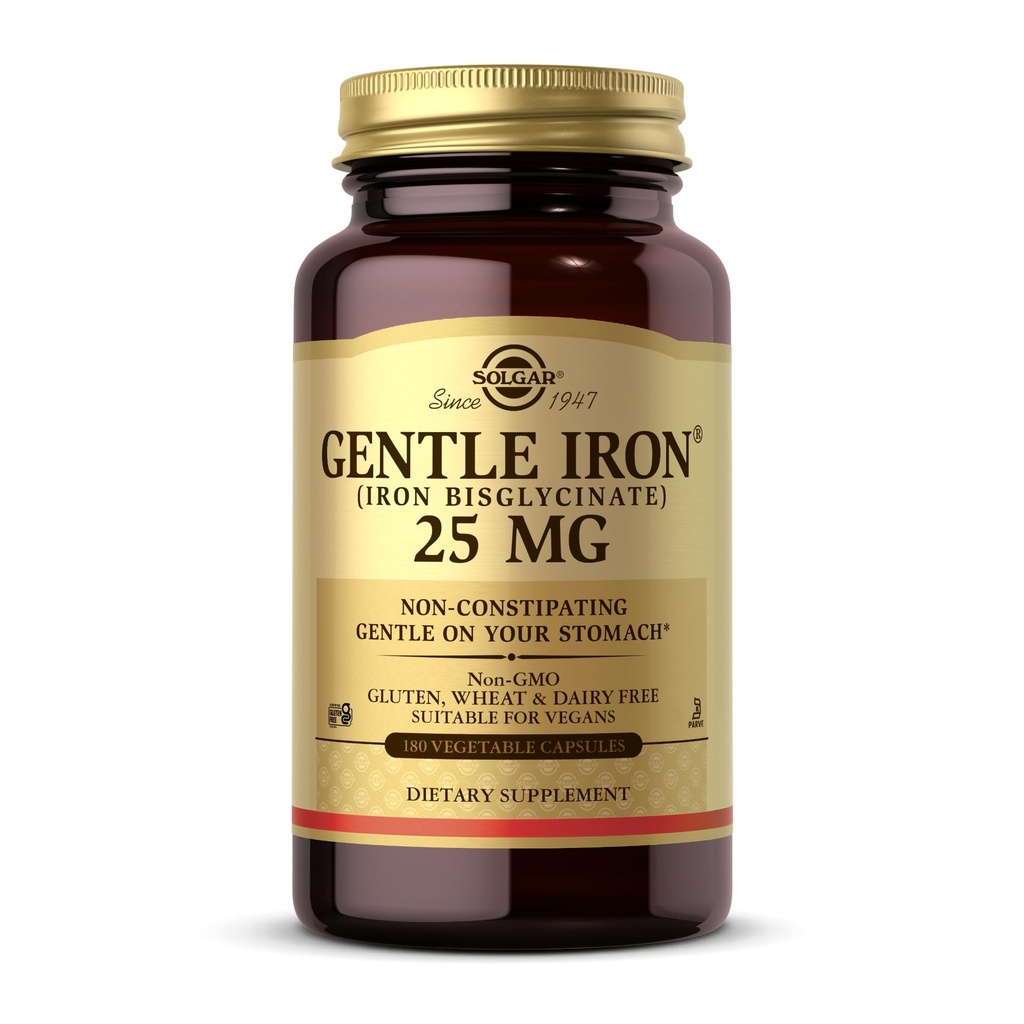 Solgar Gentle Iron (Iron Bisglycinate) 25毫克 - 180 蔬菜夹层 - 非便秘,在你的胃上温和 - 非GMO, Gluten Free - 180 服务