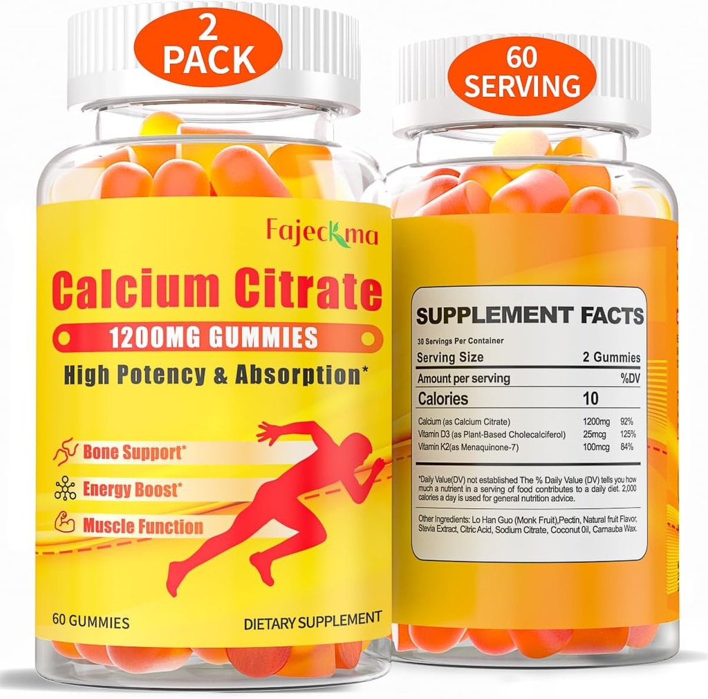 1,200mg Calcium Citrate Gummys for Adult: Sugar Free Vegan 维生素补充剂,配以 D3 K2 - 骨齿质的男性高吸附补充剂(60 counter (pack of 2))