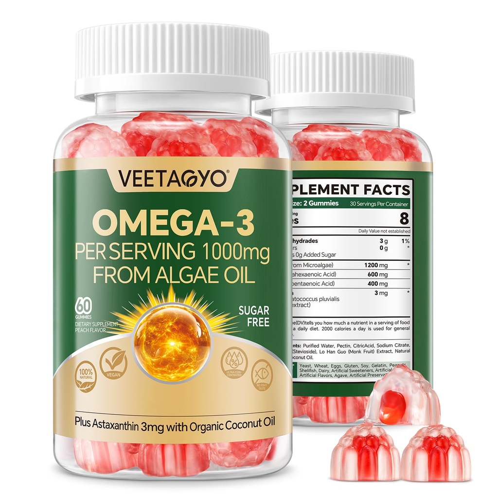 Vegan Omega 3 Gummys 1200mg - 双层 - 鱼油替代品,海洋藻 Omega 3 补充 DHA 600mg, EPA 400mg 配有 Astaxanthin, Sugar Free, 60 Cts