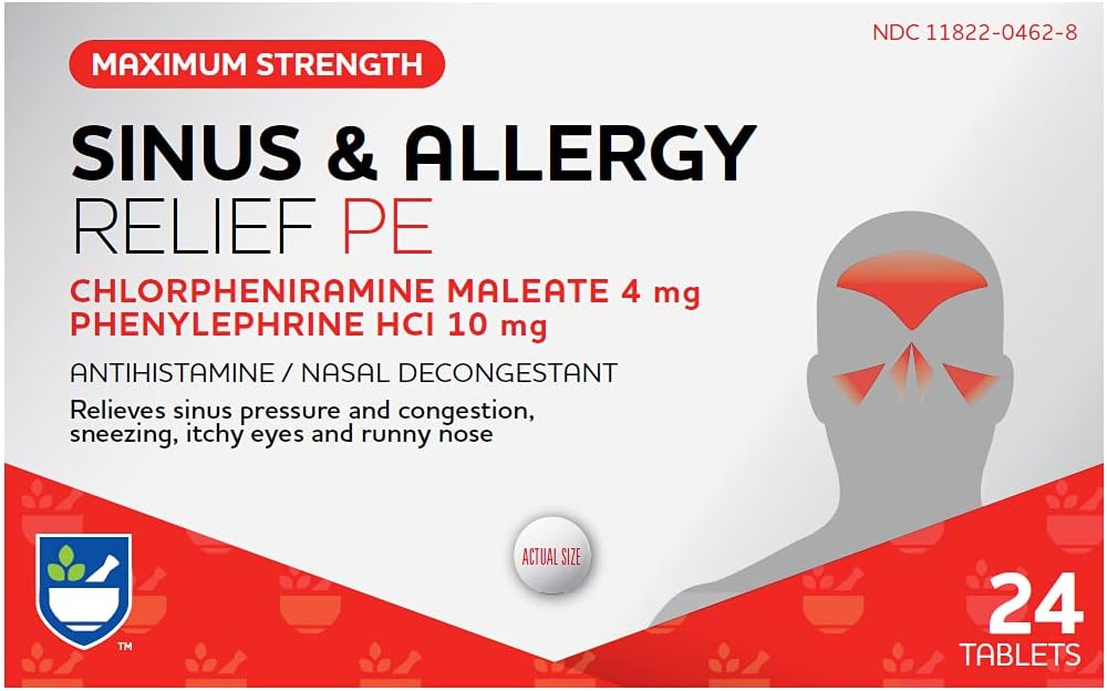 Rite Aid Sinus & Allergy Relief PE 碑文,最大强度 - 24 Counter QQ Antihistamine and Nasal Decongestant QQ 4小时过敏药 QQ过敏和摄取救济