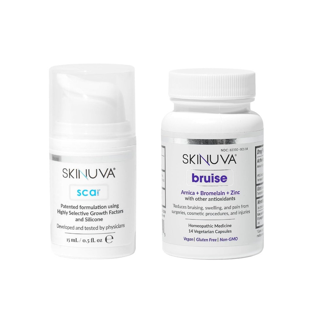 Skinuva® Scar (0.5 oz) & Bruise (14 capsules) - Advanced Silicone Cream Formulated with Growth Factors & Homeopathic Bruise Remedy Formulated with Arnica, Bromelain & Zinc
