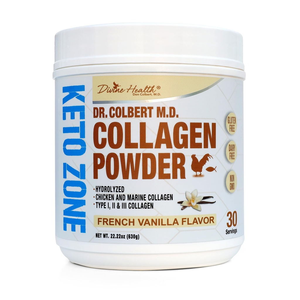 Colbert博士,MD水解凝胶粉 | 香草 vor | 由Divine Health | i, II, III Chicken & Marine Collagen Peptides | 支持头发,皮肤,钉子和联合 | 630g | 30 服务