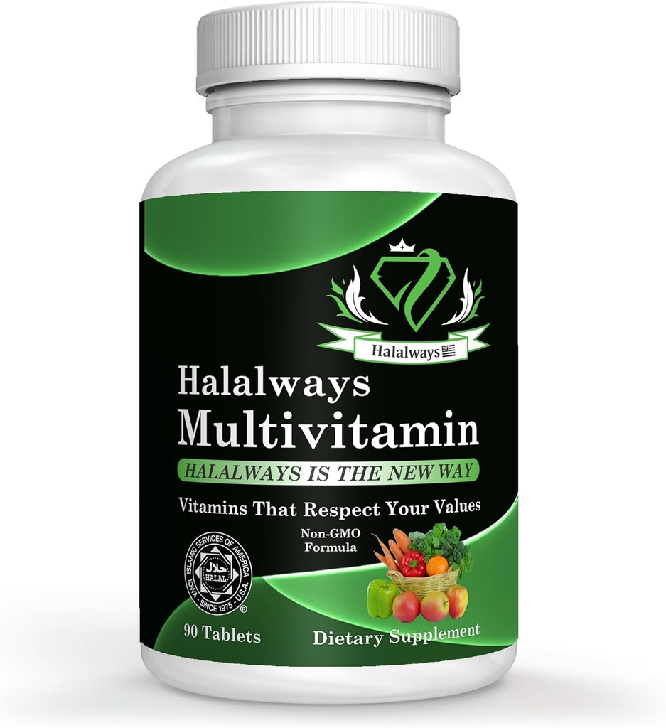 Halalways 多维素认证 Halal 多维素,配有维生素A,维生素C,维生素D,维生素E和用于免疫健康支持的锌,B12,钙及更多