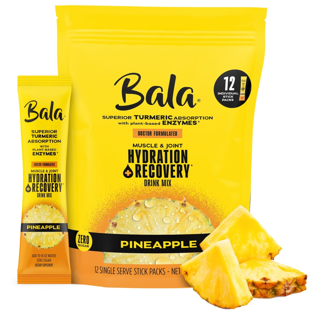 Bala Enzyme 水分和无糖饮料混合剂 - Turmeric, Bromelain, Papain, 豁免,流动 - Pineapple 0.25oz (10 Counter)