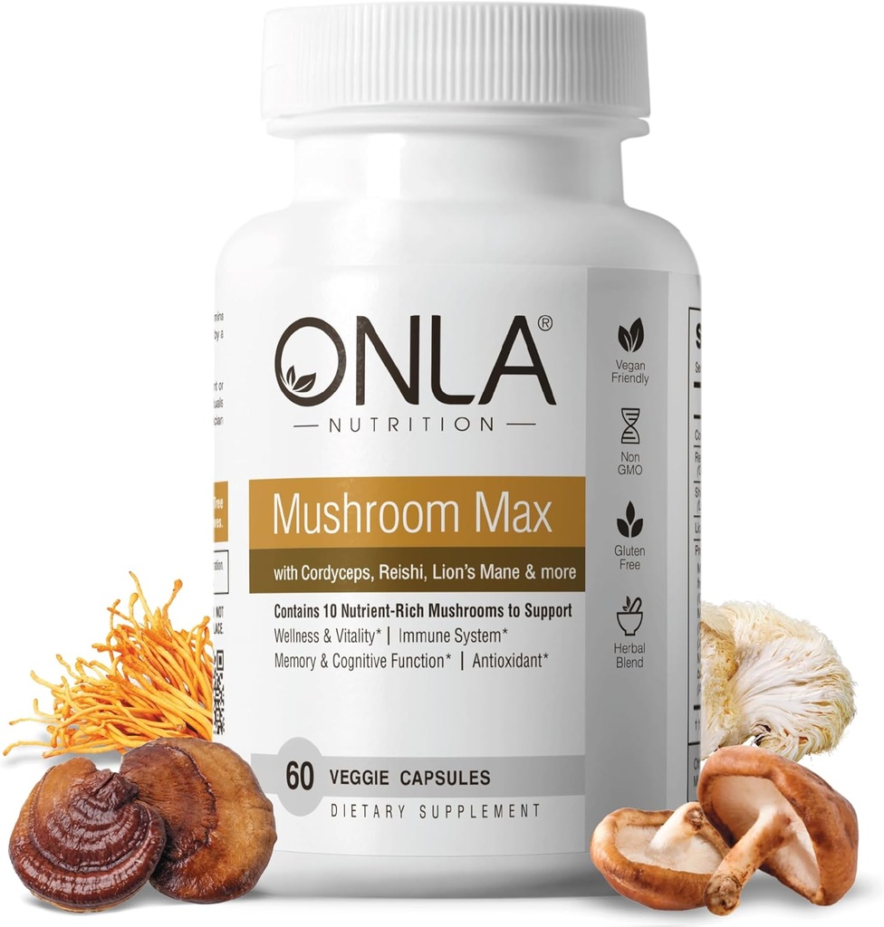 ONLA Vegan 蘑菇补充 - 10in-1 狮子马恩 蘑菇,雷希 蘑菇, Cordyceps, Shiitake - 蘑菇卡普尔斯用于免疫系统, 自然脑补充物用于记忆和聚焦(60 Cap)