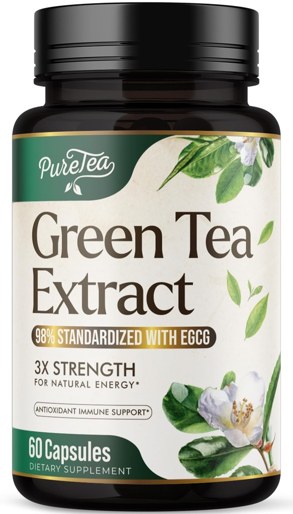 绿色茶叶提取片1000mg,其中45%为EGCG & 98%为抗氧化剂心脏支持的多酚 - 3X 吸收绿色茶叶药丸 天然能源补充剂 Gentle Cafeine - 60 Capsules