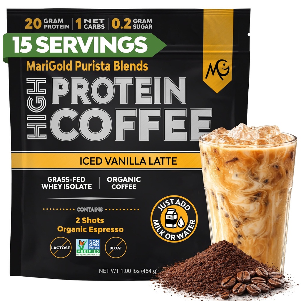 MariGold 高蛋白咖啡 - Iced Vanilla Latte, 20g 草叶蛋白隔热, 能源与工作靴, 2 Shots Organic Espresso, Non-GMO, 1 Net Carb, 1 Lb Bag, 15 services
