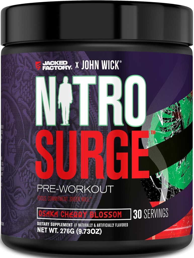 Jacked Factory X John Wick - Nitrosurge Wick Pre Workout 补编 - 敏锐能量,战备焦点,不可阻挡的承诺,和Sheer Will - 30名服务员,大阪樱桃花