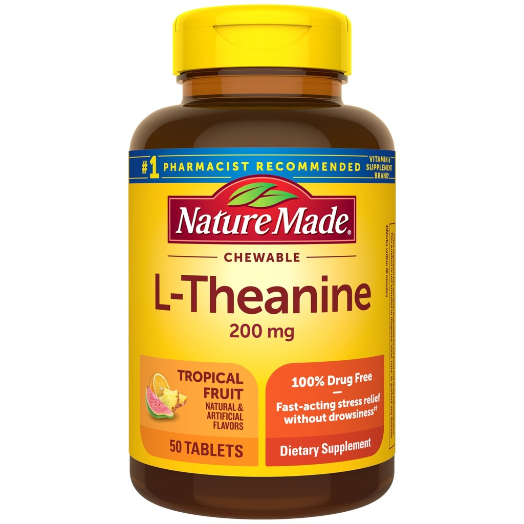 " 自然制造"(Chewable L Theannine 200mg), "L-Thenine 救济压力补充品", "50块Chewable Tables", "50天供应"