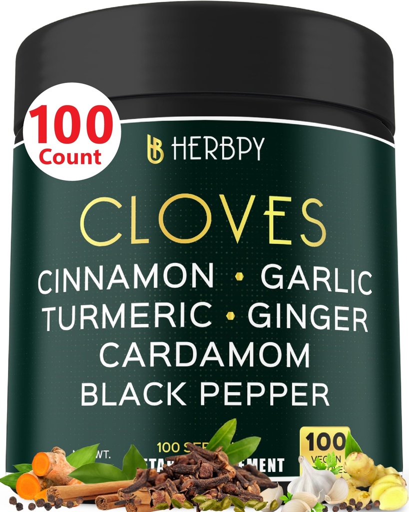 7in1 Clove Supplement Rich in Vitamins & Minerals 支持文摘,Immune & Heart Health with Cinnamon, Turmeric, Ginger, Cardamom, Garlic & Black Peppers - 100 Vegan Capsules (中文(简体) ).