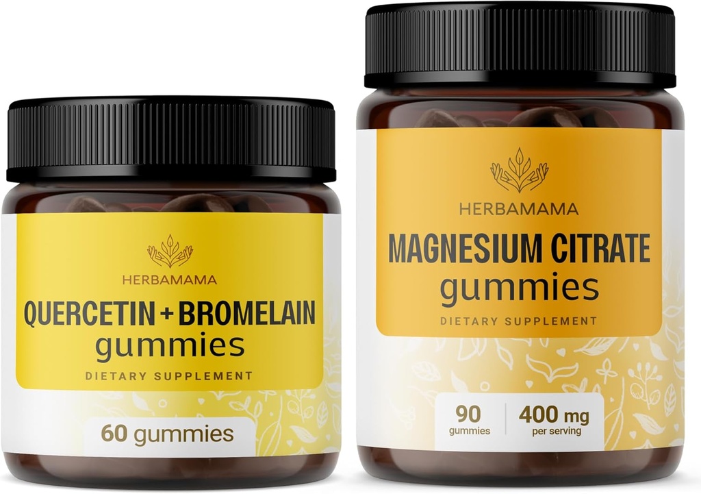 HERBAMA Quercetin和Magnesium Gummys Kit - 800毫克的Quercetin与Bromelain和400毫克的Magnesium Citrate Gummys - Vegan、N-GMO、Gelatin-Free - 2包装