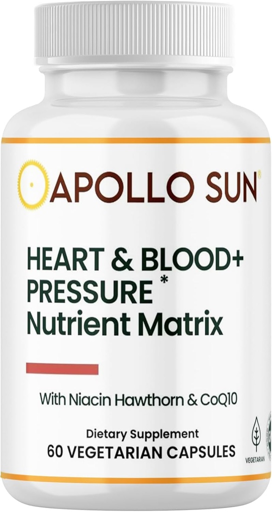 APOLLO SUN 心脏和血液+压力补充营养素矩阵,配有Hawthorn Extract,Niacin和COQ10,60 蔬菜卡普尔