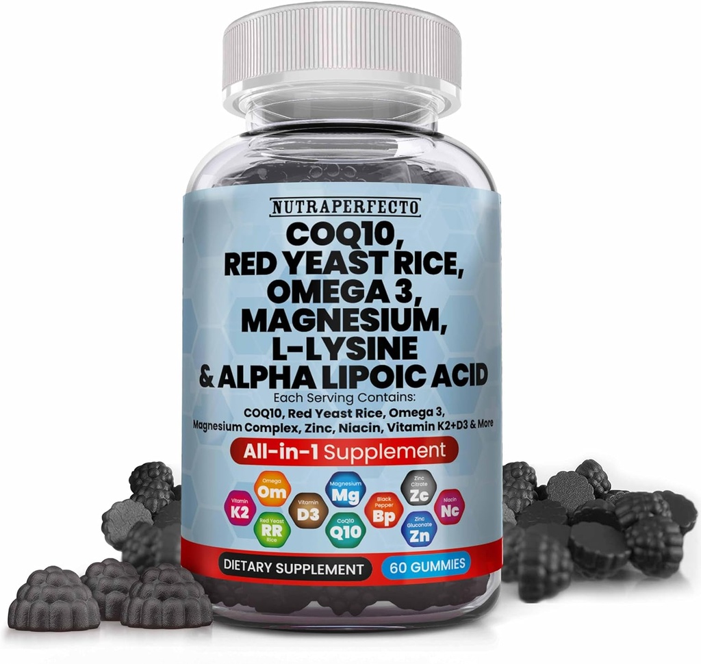 L-Lysine Coq10 Alpha Lipoic Acid Gummys Red Yeast Rice Magnesium Gummy for 成人和孩子 - 氨基酸补充Omega 3 Niacin 锌维生素 K2 D3 B3 - 男女维生素 - 60 Gummy Bears
