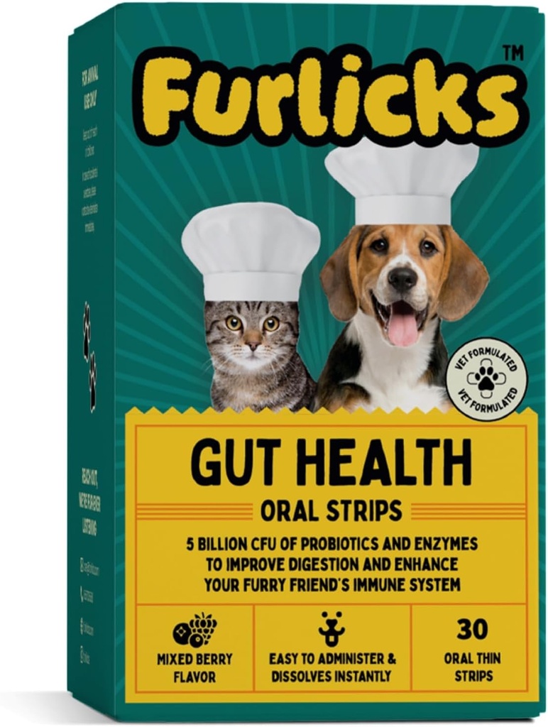 狗和猫的Furlicks Gut健康补编 + Probiotics, Protease, Lipase 用于改进消化、增强豁免、健康Gut Flora和痢疾和Bowel支持(30个口服溶解带)