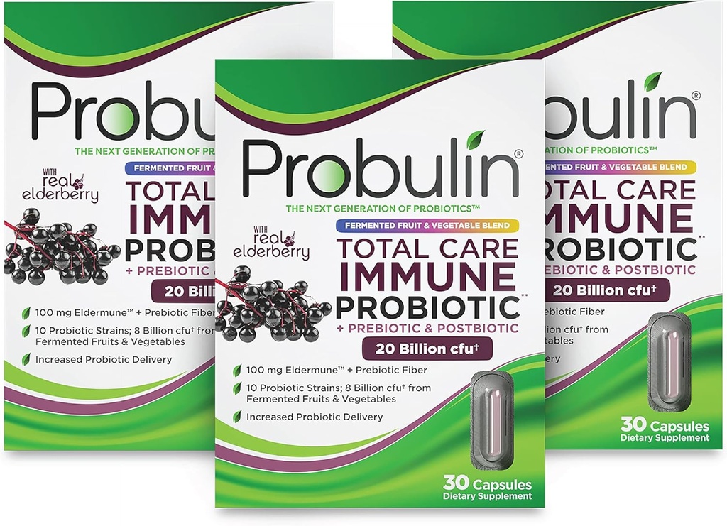 Probulin Total Care Immune = Prebiotics + Probiotics + Pterbiotics + 支持Immune和Gut保健的老莓 - 20亿 CFU - 10 Strains - 30 Vegan Capsules (第3包)