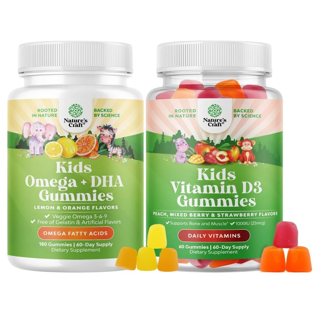 Omega DHA Gummys for Kids - Fatty Acids Omega 3 6 9 - Batmin C for Brain, 免疫和视觉,以及Vitamin D Gummys for Kids - 1000 IU per service - 免疫支持肌肉牙齿和骨质健康