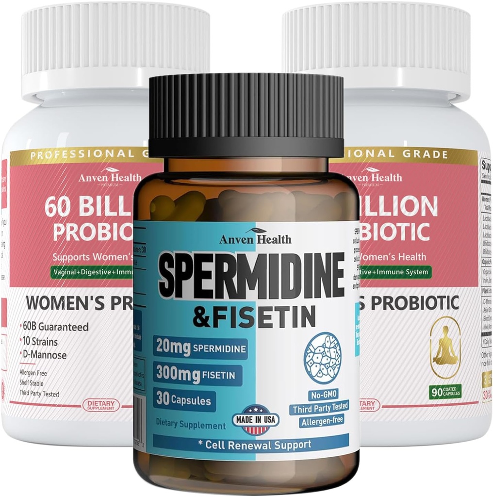 健康包:2瓶妇女抗生素+1瓶Spermidine & Fisetin – 消化性健康、细胞更新和妇女抗衰老支助
