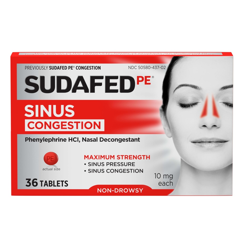 sudafed PE Sinus 消化不良反应药片,最大强度,非醉酒 10 mg Phenylephrine HCI 消毒剂,用于消化Sinus压力和鼻咽消化不良反应,因冷或过敏,36厘米