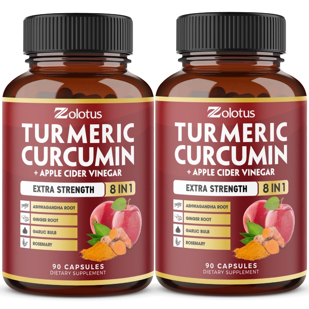 2包 90 Capsules Turmeric Curcumin + Apple Cinder Vinegar Capsules, 6个月供应 Ashwagandha, Ginger, 95% 标准化 Curcuminoids, 联合和吸收支持