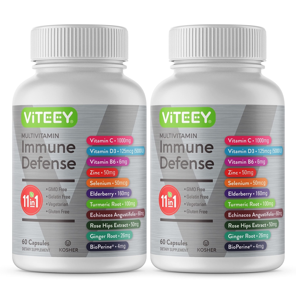 VITEEY 11 in 1 Imune Support Suppless - 含有维生素D3, B6, Echinacea, Turmeric, Rose-HIPS, Selenium, BioPerine, Ginger, Elderberry Vitamin C and Zinc - 120 计数