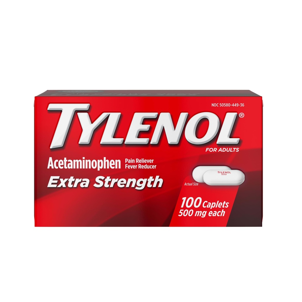 Tylenol Extra 强力止痛药, Acetaminophen 500mg Caplets, 止痛药和头痛、背痛、牙痛和小关节炎减热药, 100 瓶