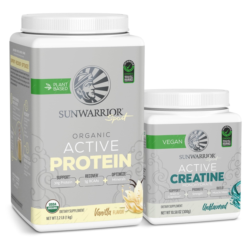 Sunwarrior Creatine Powder & Vanilla Active Organic Protein Powder Set & Save & QQ Vagen 蛋白质+无味的Creatine 单水合物(60种无味,20种香草)