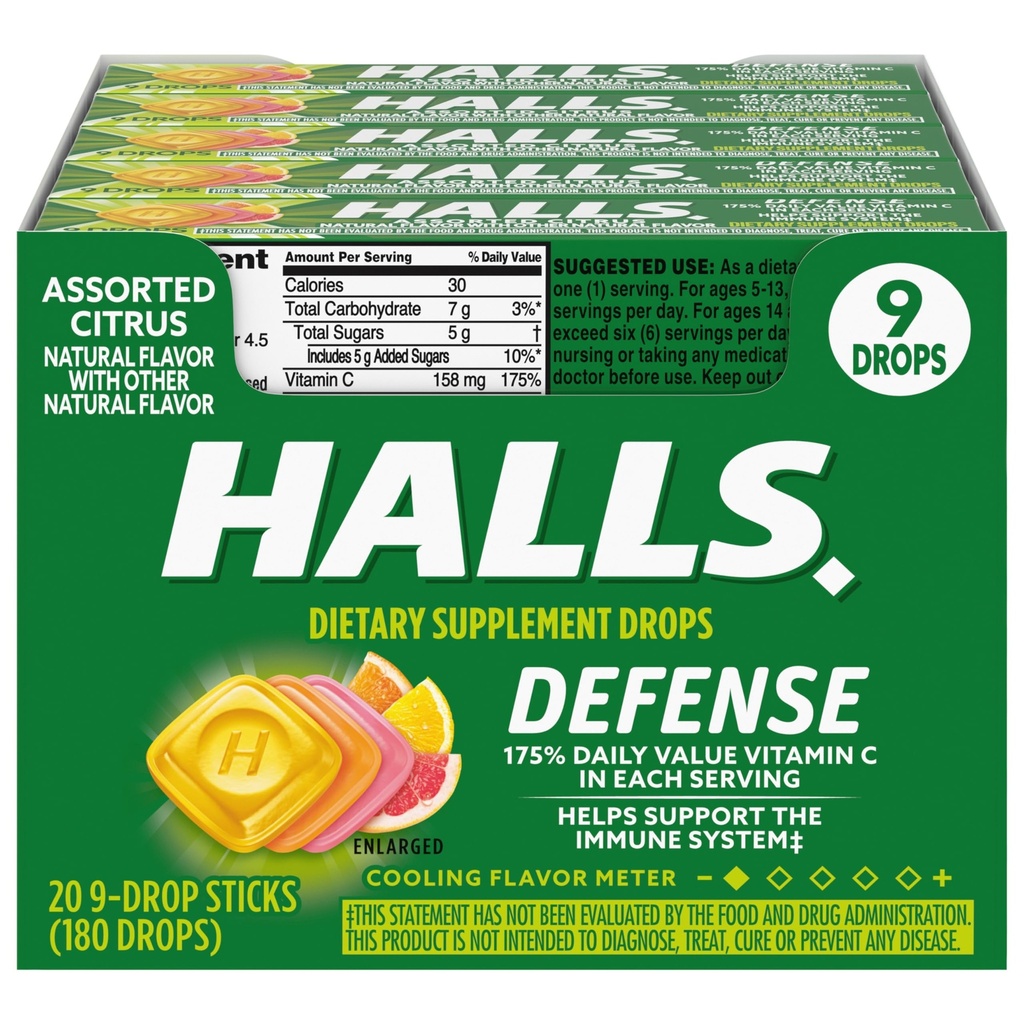 HALLS 防御 各类 Citrus 维生素 C 滴水, 20 棒 9 滴水( 180 总滴水)
