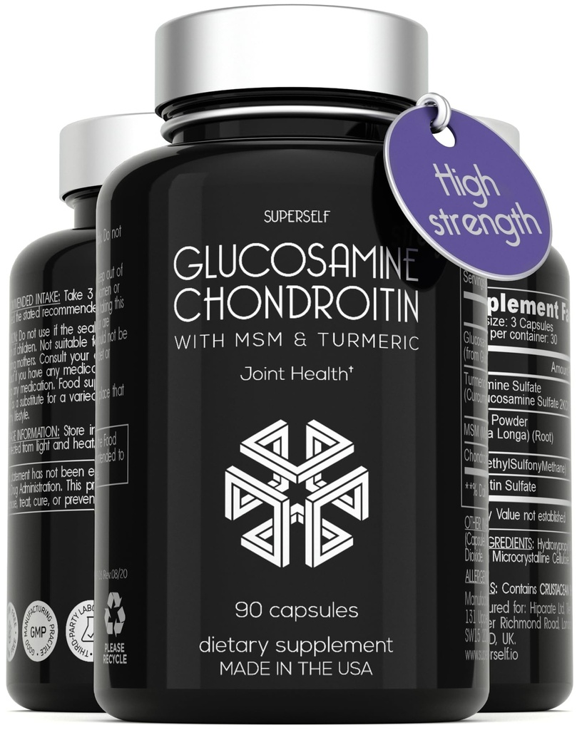 Glucosamine Chondroitin MSM 配有Turmeric - 成人男女高强度联合支持补充剂 - 90 Capsules - 1,500mg Glucosamine Sulfate 每架服役