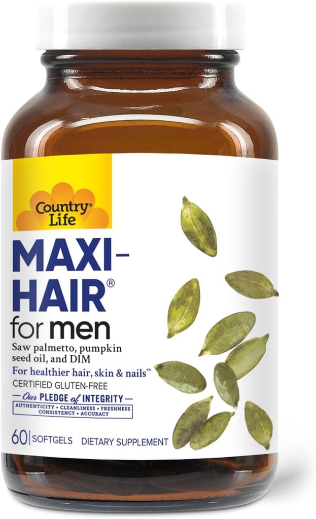 Country Life Maxi-Hair for Men - 2000mcg Biotin, Saw Palmetto, Pumpkin Seed Oil, DIM, Potassium, Magnesium, Calcium & Zinc Blend - Supports Healthier Hair, Scalp, Skin & Nails, 60 Vegan Capsules
