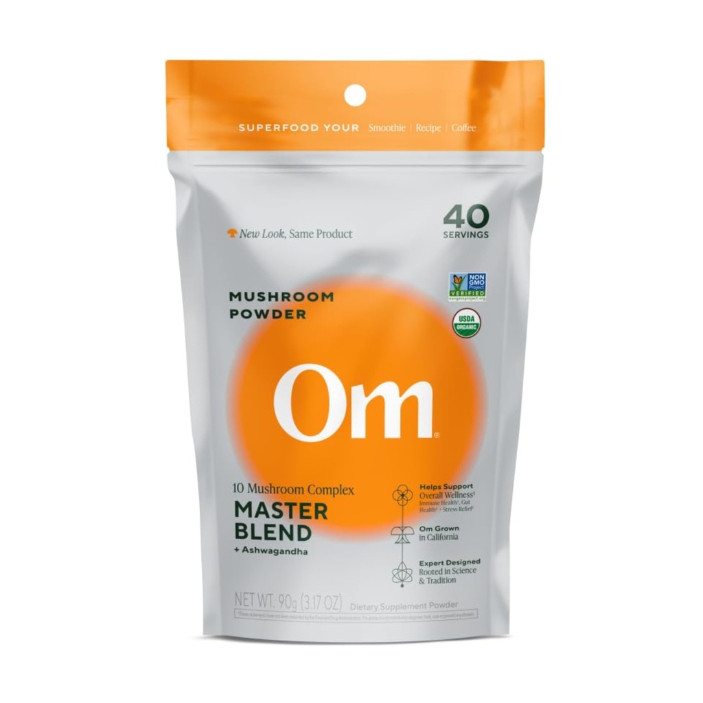 OM Master Blend Mushroom Powder – 有机蘑菇补充剂,配有10个Mushroom and Ashwagandha – 支持豁免,Gut健康和压力救济,3.17 oz(40名服务员)