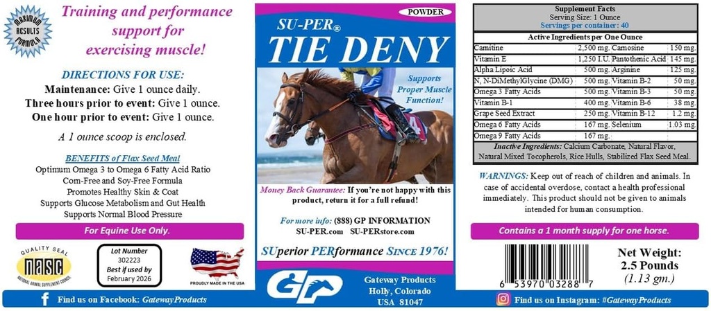 SU-PER Tie Deny Energy Horse Supplement - Supports Proper Muscle Function in Performance Horses - Normal Circulation & Oxygen Uptake, Energy Production, Fatigue Delay - 2.5 Pound, (2 Pack)