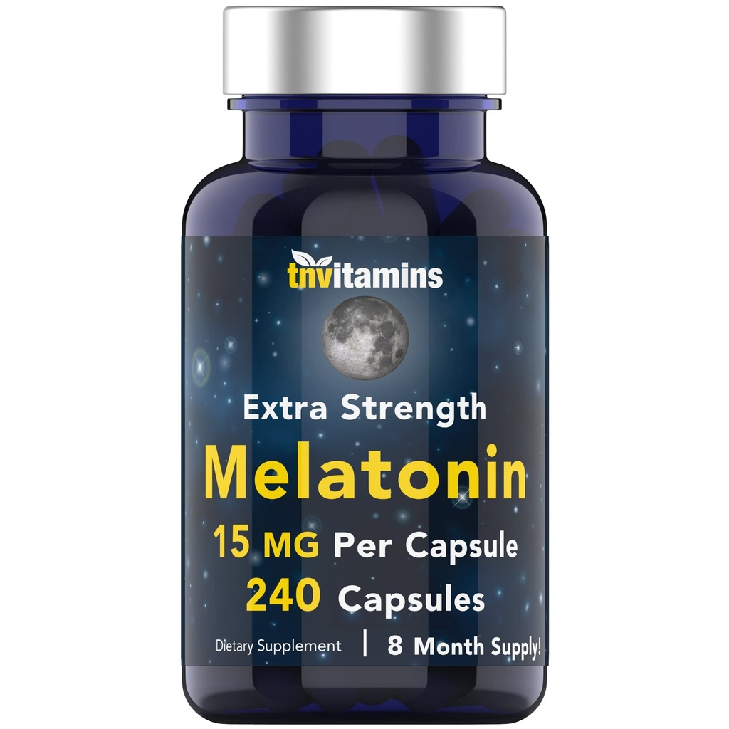 Tnvitamins Melatonin 15 MG Per Capsule (240 Capsules) – 成人全自然睡眠药丸 – 额外力量 Melatonin – 夜间睡眠援助 – 自然睡眠支持补充品