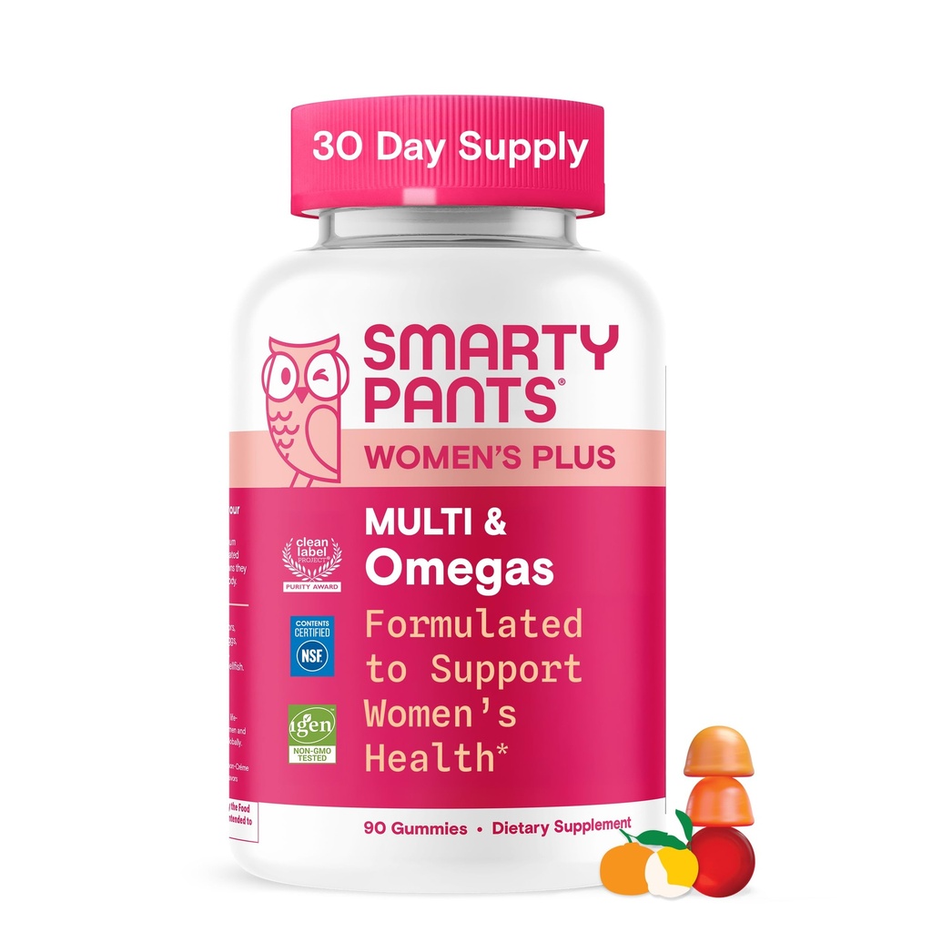 SmartyPants Women's Multivitamin Gummys, Omega 3 DHA/EPA, Methylfolate, CoQ10, 维生素D3, C, B12, B6, A, K, Zinc, 三水果火焰, 90 Counter(30天供应量)