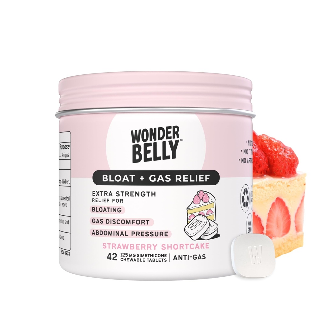 Wonderbelly Bloat + Gas Relief, Extrastrong Chewable Tablets, 125 mg Simethicone, No Talc 或 Dye, 草莓短饼, 42 计数