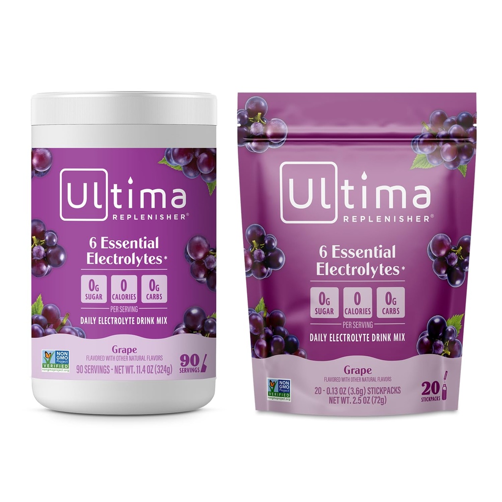 Ultima Electrolyte Powder Drink Mix Bundle – 无糖食品 – Grape, 90个服务罐和20个Sickpack – 6个电解质和矿物 – Keto Friendly, Vegan, 非GMO