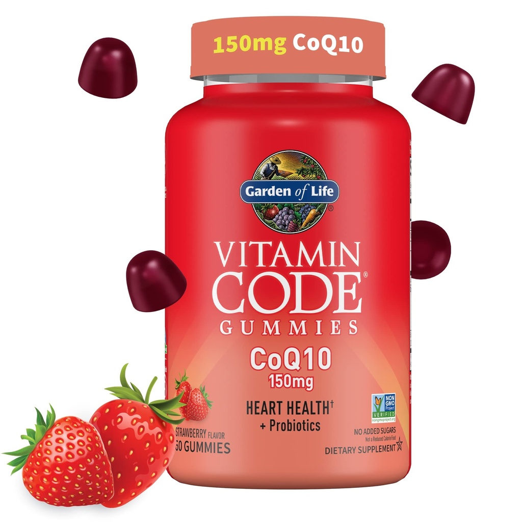 生命维他命花园编码CoQ10 Gummys 150 mg,用于心脏健康,能源生产与健康衰老的Coenzyme Q10 + 用于消化的预生与Probiotics,Non-GMO,Gluten-Free,60 草莓Gummys