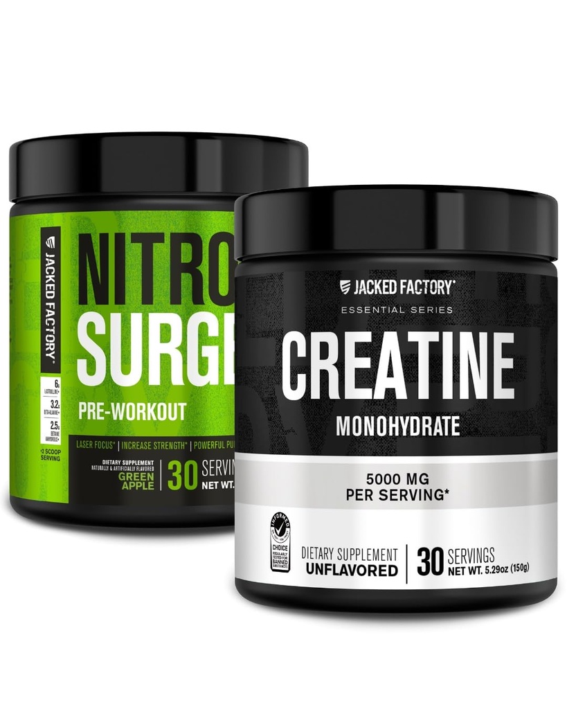 Jacked Factory NITROSURGE 工作前补充材料(绿色苹果,30种服务) 和 Creatine 单水合物粉末(无味,30种服务)