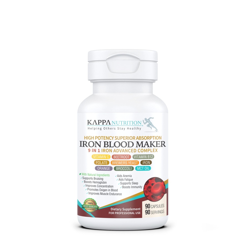 KAPPA 营养铁 26mg,维生素C和橙色 150mg,Folate 667mcg DFE,维生素B12,比特罗特,酿造机 Yeast,Brocoli & MCT Oil 9 in 1 高级综合体(90 Capsules)
