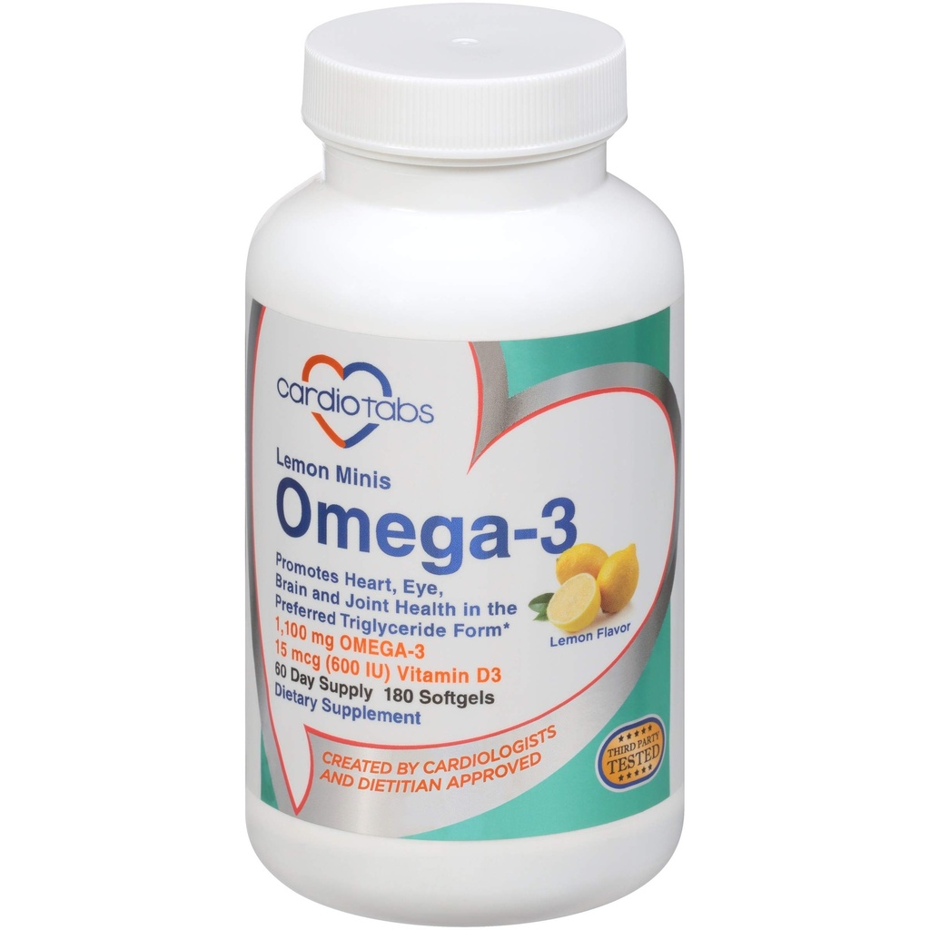 Omega 3 柠檬迷你剂+维生素D3,Triglyceride Form中的1,100 mg Omega-3和600 IU维生素D3,易吞,鲜柠檬味的Omega-3 补充软胶 - 180个