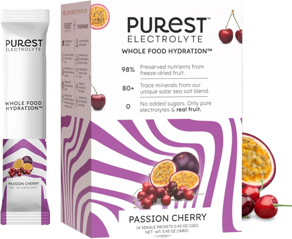 Know Brainer Purest Electrolyte Passion Cherry Powder Packets – 全食品水分 - 有机冻结-干果和太阳海盐 超电解平衡