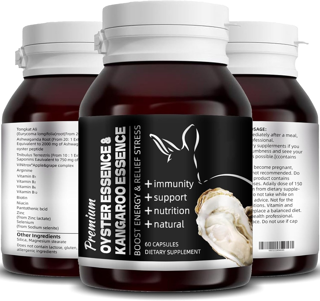 牡蛎 Essence 和袋鼠 Essence 牡蛎提取器 牡蛎增殖剂 Pepteides Capsules 牡蛎提取器 - 纯纯的,供男女使用 – 支持能量和Imune Boost, 60 Capsules (1)