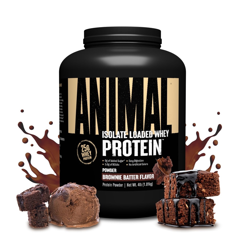 动物Whey 隔离蛋白粉 - 装入工作前和工作后肌肉构建器和男女消化酶恢复器 - 25g 蛋白质,大味,低糖 - Brownie Batter 4 lbs